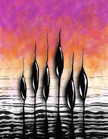 Purple sunset with sprouted plants surrealist digital abstract painting. thumb