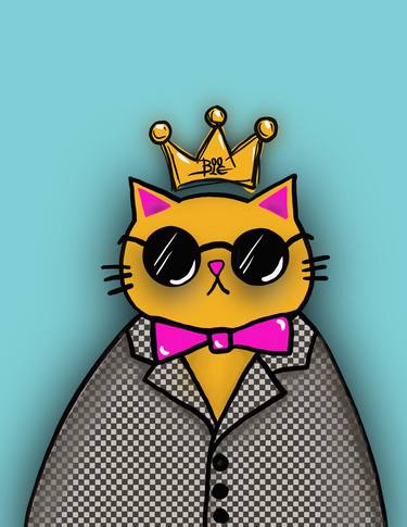 Yellow crowned cat with patterned  jacket and pink bow tie thumb