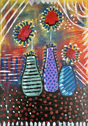 Childish abstract flowers with patterned vases. thumb