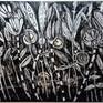 esta pintura hecha a blanco y negro lleva una agradable textura hecha con polvo de marmol, representa un jardin nocturno, flores y plantas expresionistas que nos llevan a otros mundos naturales de flora imaginaria.