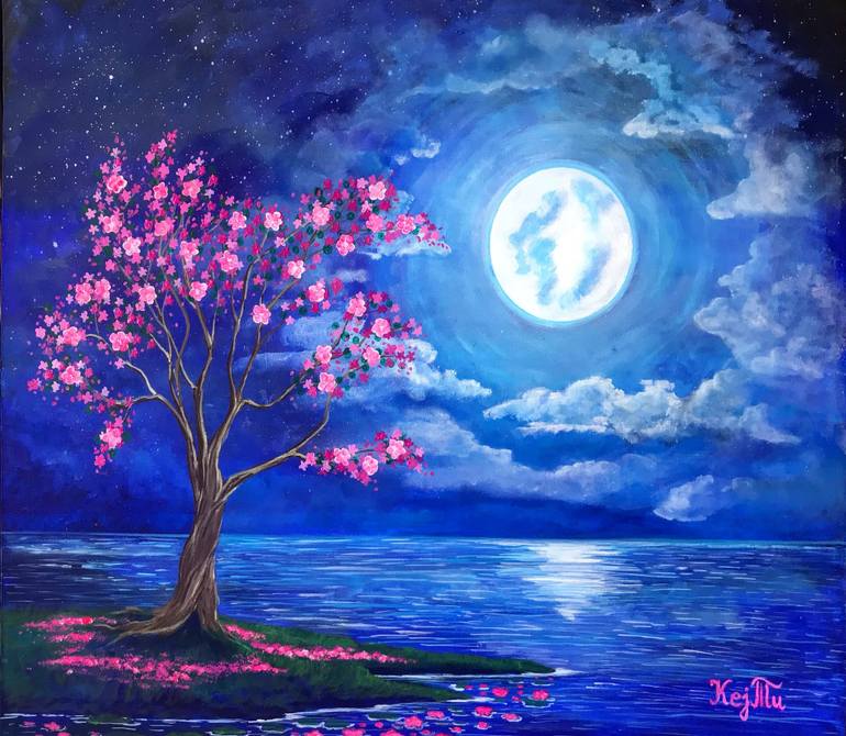 Original Acrylic Painting on Canvas Blooming Tree Moonlight Wall Decor