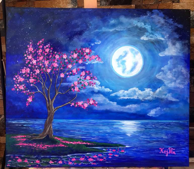 Cherry moonlight Painting by Ana Kekic Tamborrell | Saatchi Art
