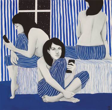 Sleepless - girls, woman, striped, blue, white thumb