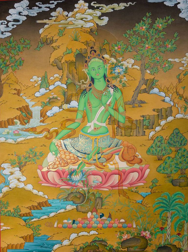 Green Tara Painting Oil and Acrylic on Wood