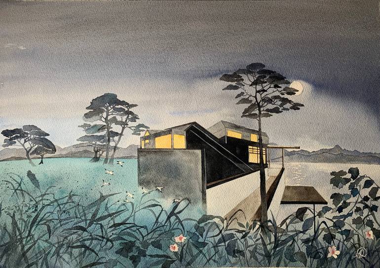 Original Landscape Painting by Aline Demarais | Art Deco Art on Paper | The house by the lake
