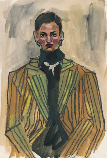 Fashion sketch in gouache Portrait of a girl # 1 Green jacket and stripes thumb