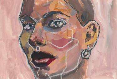 Fashion sketch in gouache Portrait of a girl # 2 Pink face thumb
