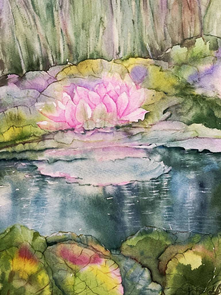 Original Nature Painting by Elizabeth Altin | Impressionism Art on Paper | Lotus Light and Airy Watercolor on the Lake