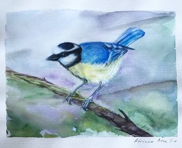 Tit . Watercolor Bird Blue Tit . thumb