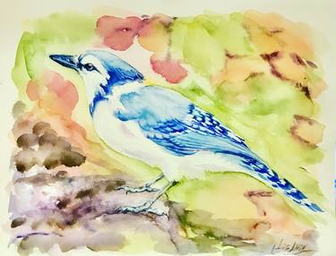 Abstract Flying Blue Jay Painting Palette Knife Blue Jay -  Israel