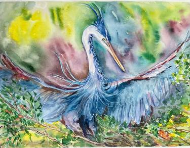 Watercolor Original Great Blue Heron Painting thumb