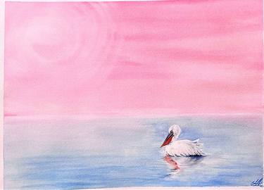 Pink sky Blue Sea  Watercolor original painting thumb