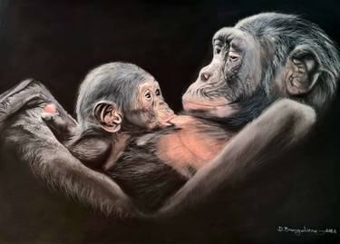Original large Painting Gorillas Pastel ART SIGNED Mother’s Love thumb