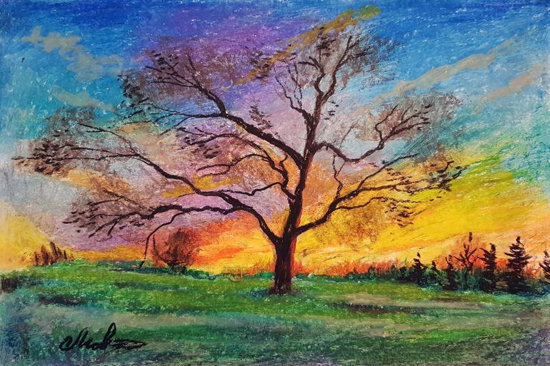 Oil pastel painting Tree at sunset Painting by Tigran Movsisyan ...