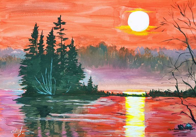 Lake landscape Giclée Art Print From original gouache artwork.