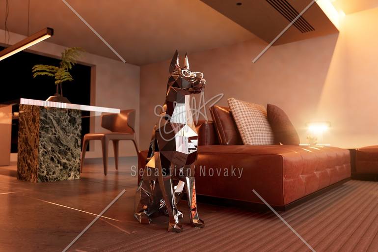 Original Animal Sculpture by Sebastian Novaky | Abstract Art on Stainless Steel | Copy of the Doberman NO.2 (Lifesize stainless Steel Doberman Dog sta