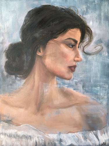 Silence. Original oil painting, 45x60 cm, stretched canvas.  Portrait Beautiful woman, curls of hair in the wind, sexy erotic girl thumb