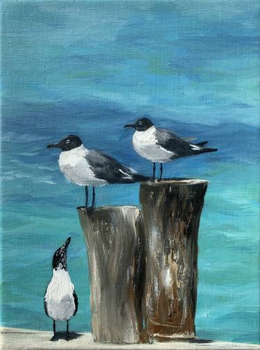 SEAGULLS Original oil painting Three beautiful seagulls seascape thumb