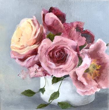 Roses. Original oil painting Pink flowers beautiful bouquet roses thumb