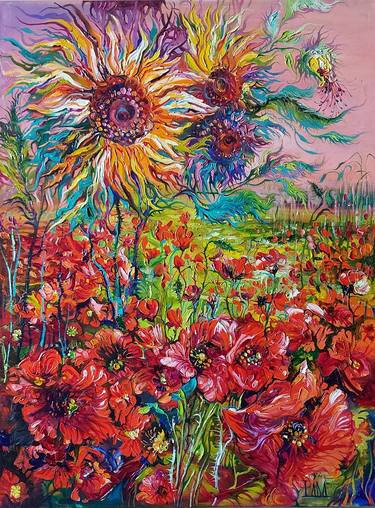 Sunflowers and Poppies Flower Field Oil Painting thumb