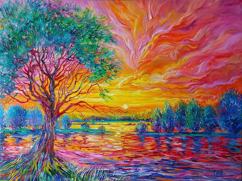 Water Print on Paper or Canvas, Lakeside Sunset