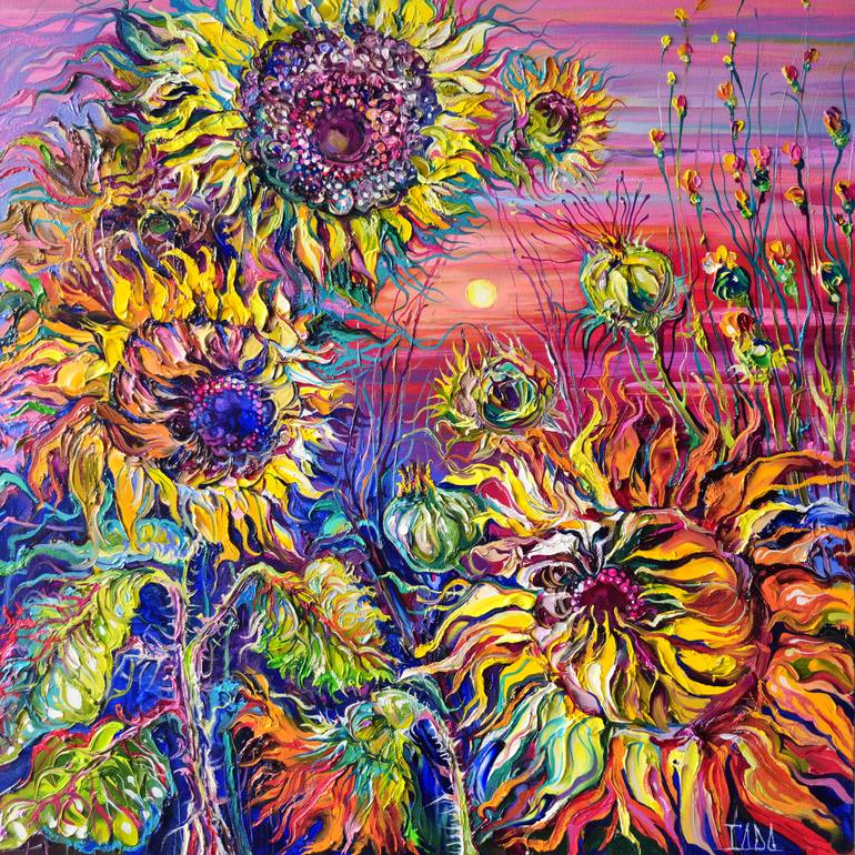 Sunflower Carpet Mosaic of Carpets and Felts Glued on Cardboard