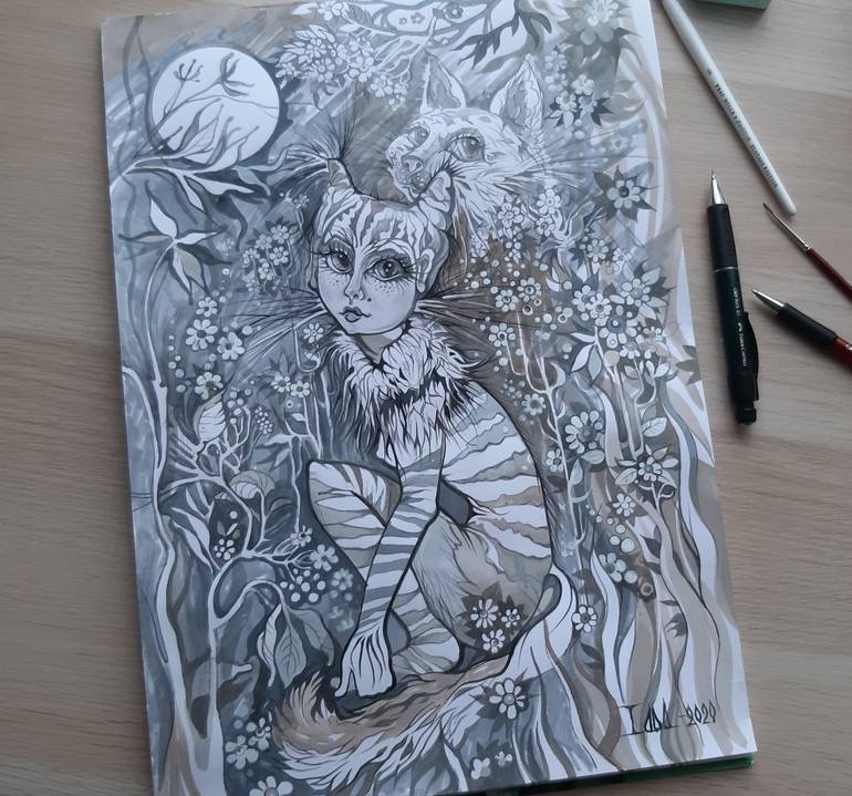 Original Surrealism Fantasy Drawing by Lada Stukan