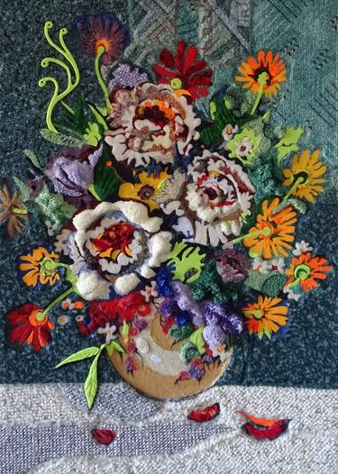 Vase with Flowers (Mosaic of Carpets and Felts, Glued on Wood) thumb