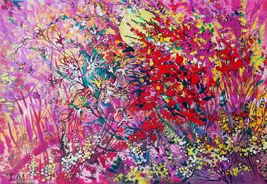 Forest sunset painting, Enchanted forest acrylic painting, Wild flowers abstract art, Purple flower yellow flowers, Pink background thumb
