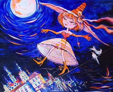 Anime girl canvas painting, Faery tale acrylic painting, City scape Moon light, Full Moon silent night, White doves night sky 15.7 "by 19.5" thumb