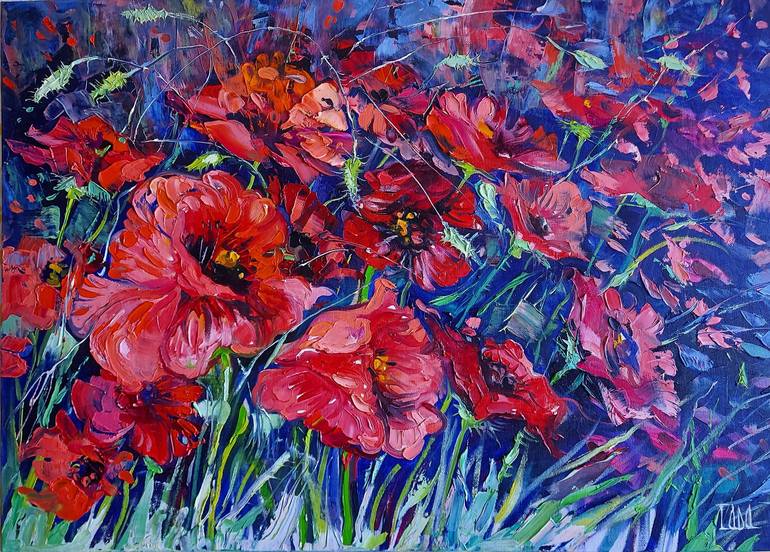 Poppy flowers canvas painting, Wild flower oil painting, Red flowers blue  background, Moon light field of flowers, Large Artwork Painting by Lada  Stukan | Saatchi Art
