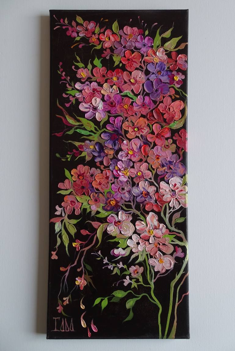 Cherry blossom canvas painting, Pink flowers oil painting, Purple flower  black background, Tree branches rose petals 22.8 by 9.9 Painting by Lada  Stukan