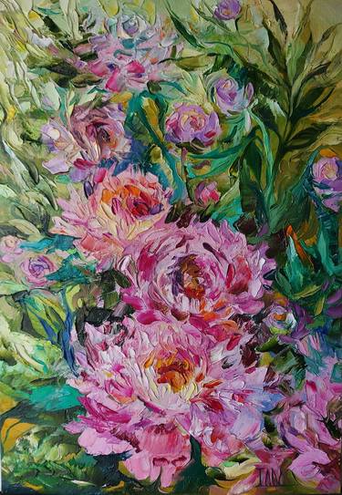 Peony flower oil painting, Pink flower original artwork, Purple flower wall art, Blossom peonies garden flowers 19.7" by 13.8" thumb