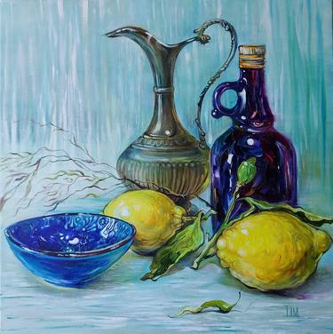 Yellow Lemons, Oil Bottle, Fruit Bowl and Wine Caraffe thumb