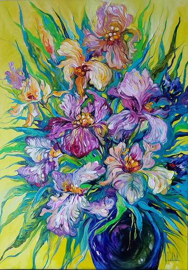 Saatchi Art Artist Lada Stukan; Painting, “Purple Iris oil painting, Blue iris canvas painting, Purple flowers  yellow flowers, Green leaves black vase, Van Gogh yellow background” #art