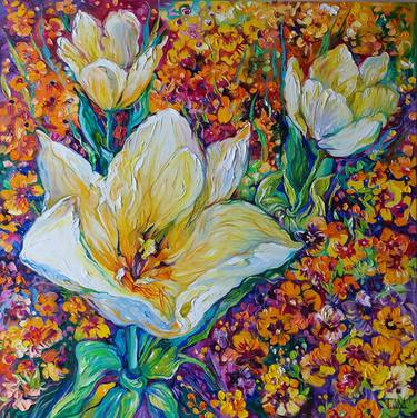 White Tulips and Yellow Violets Oil Painting 23.6" by 23.6" thumb
