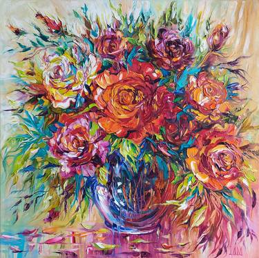 Red Roses in a  Blue Crystal Vase  Oil on Canvas thumb