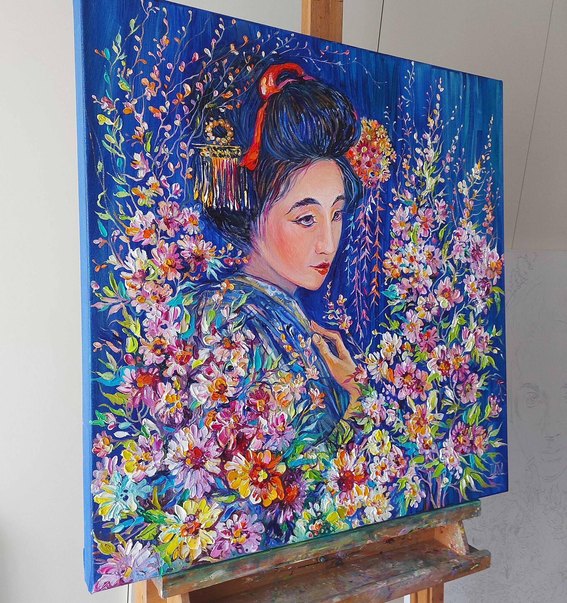 Japanese Geisha Zen Garden Oil on Canvas Painting by Lada Stukan