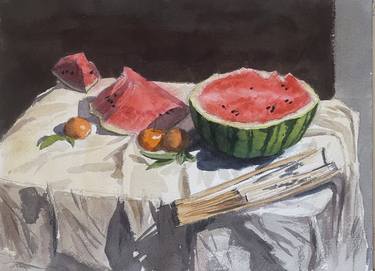 Still life with watermelon and Chinese fan thumb