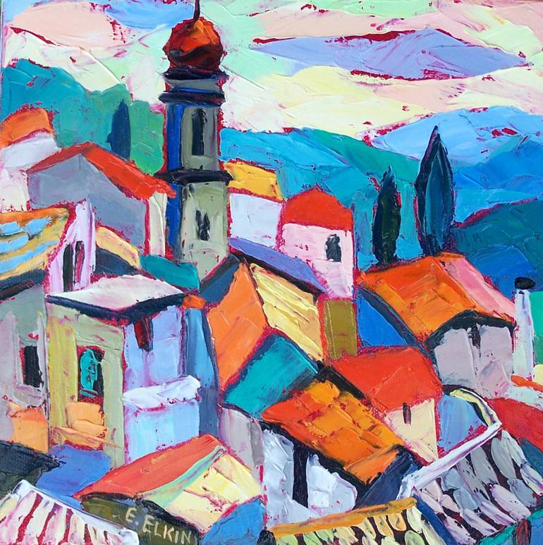 Old Village Painting by Elizabeth Elkin | Saatchi Art