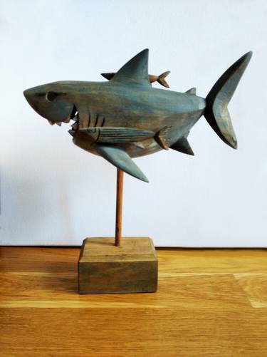 Wooden shark figurine, wooden figure, Carved Wood Statue, wood sculpture thumb