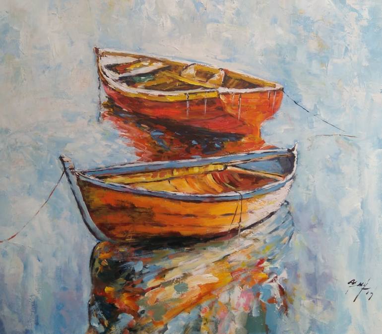 Two Boats on the River Painting by Anthona Diaz Saatchi Art