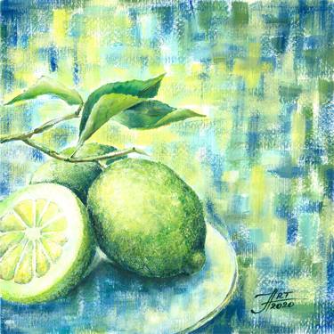 Colourful still life collection: lemons modern still life in blue, green, and yellow thumb