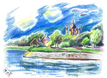 Drawing of the Russian Church against the background of nature thumb