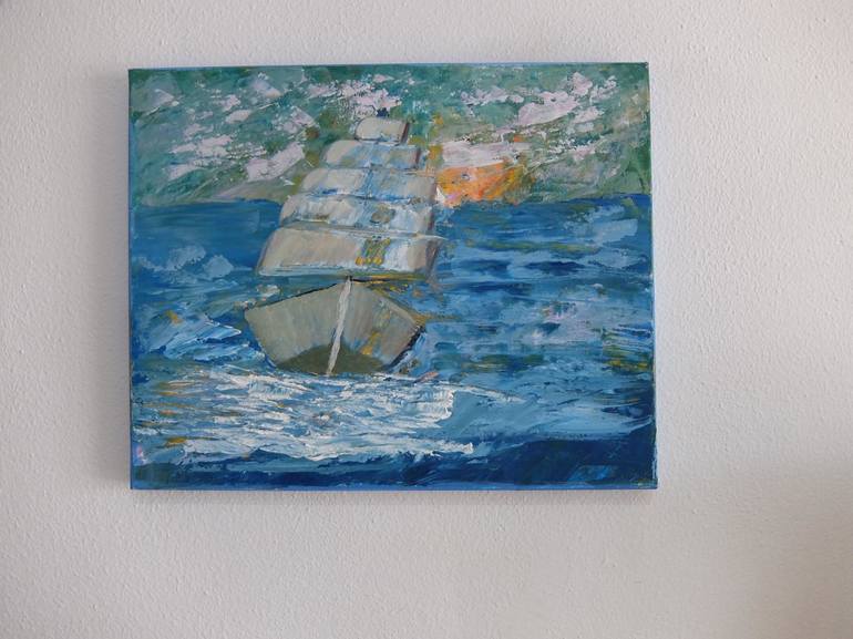 Original Fine Art Boat Painting by Ayuna Kanatkalieva