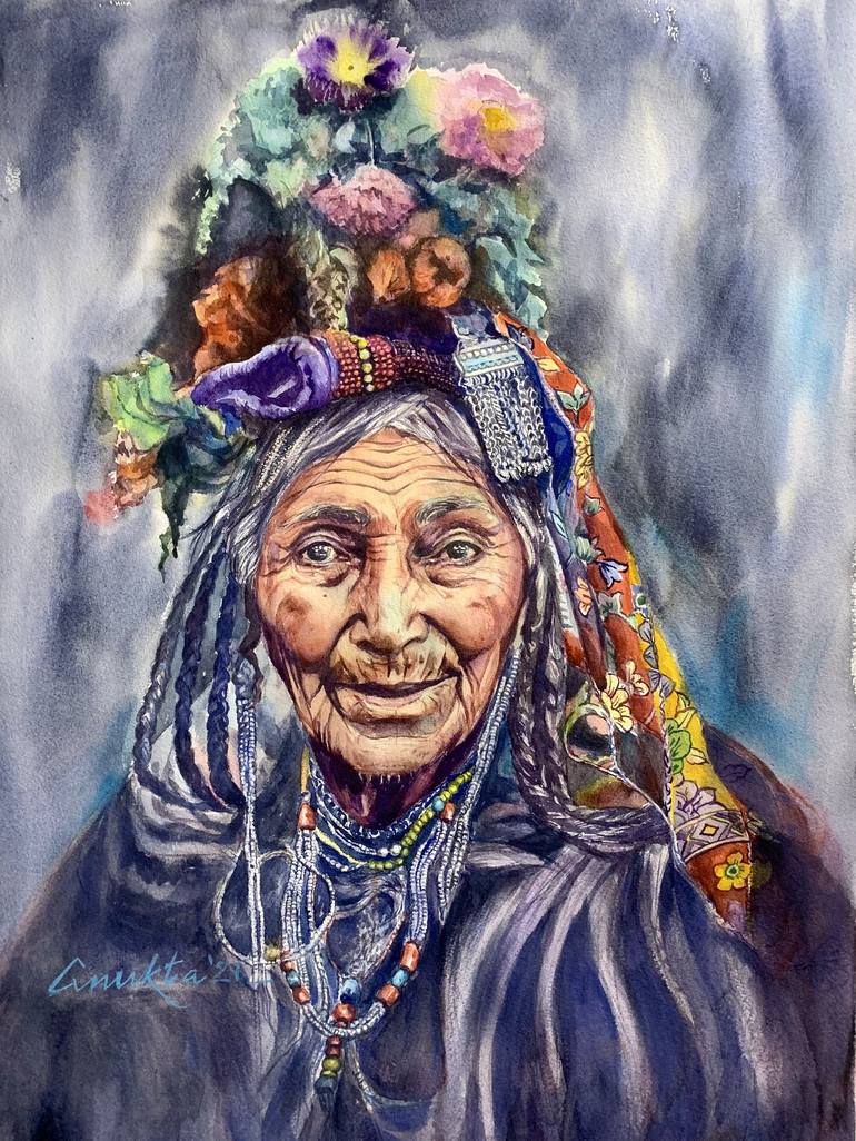 THE FLOWER WOMAN OF LADAKH Painting by Anukta Mukherjee Ghosh | Saatchi Art