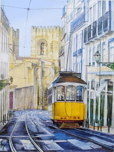 Yellow Tram and Se Cathedral, Lisbon, Portugal thumb