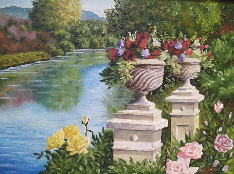 Painting, oil on canvas, summer landscape, park landscape,river, pond