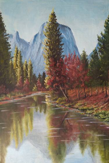 Oil painting, canvas, autumn landscape, mountain landscape, mountain lake, red leaves, autumn in the forest, nature. Painting Tatyana Sosnina | Saatchi