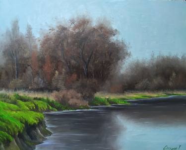 Spring landscape, oil painting on canvas, river, spring nature, green grass. thumb